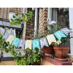 Girlande Willkommen in Pastellfarben Fashionfarben Grau Mint und Creme auf Wunsch personalisiert mit Wunschtext oder Nam