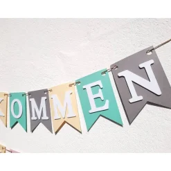 Girlande Willkommen in Pastellfarben Fashionfarben Grau Mint und Creme auf Wunsch personalisiert mit Wunschtext oder Nam