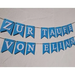 Girlande Wimpelkette zur Taufe auf Wunsch personalisiert mit Wunschnamen Pastell Blau Wimpel Dekoration Papier-Deko
