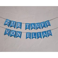 Girlande Wimpelkette zur Taufe auf Wunsch personalisiert mit Wunschnamen Pastell Blau Wimpel Dekoration Papier-Deko