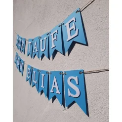 Girlande Wimpelkette zur Taufe auf Wunsch personalisiert mit Wunschnamen Pastell Blau Wimpel Dekoration Papier-Deko