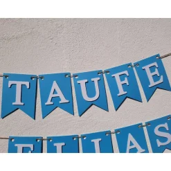 Girlande Wimpelkette zur Taufe auf Wunsch personalisiert mit Wunschnamen Pastell Blau Wimpel Dekoration Papier-Deko