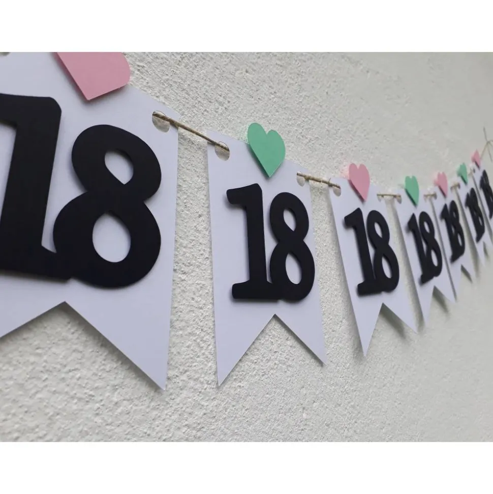 Girlande zum 18. Geburtstag Wimpel Dekoration Mintgrün Rosa Herzen Wimpelkette Banner Happy Birthday
