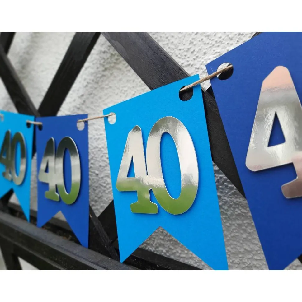 Girlande zum 40. Geburtstag in silber und blau, tolle Farben mit Spiegeleffekt! Wimpel, Wimpelkette in angesagten Trendf