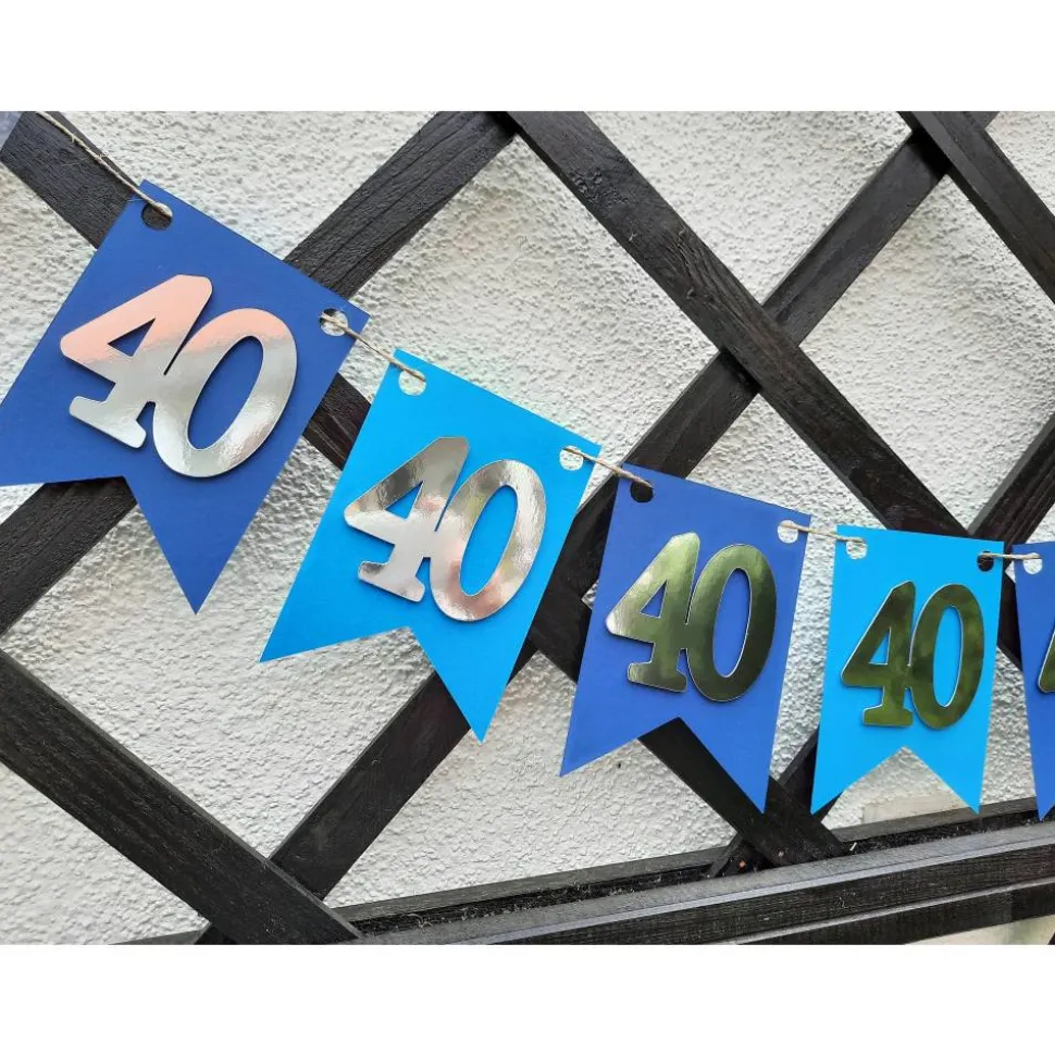 Girlande zum 40. Geburtstag in silber und blau, tolle Farben mit Spiegeleffekt! Wimpel, Wimpelkette in angesagten Trendf