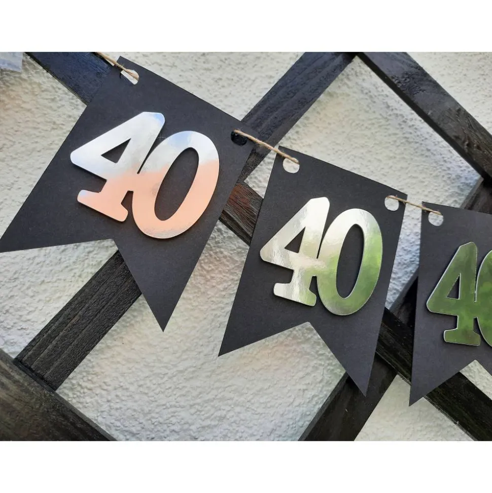 Girlande zum 40. Geburtstag in Silber und Schwarz, tolle Farben mit Spiegeleffekt! Wimpel, Wimpelkette in angesagten Tre