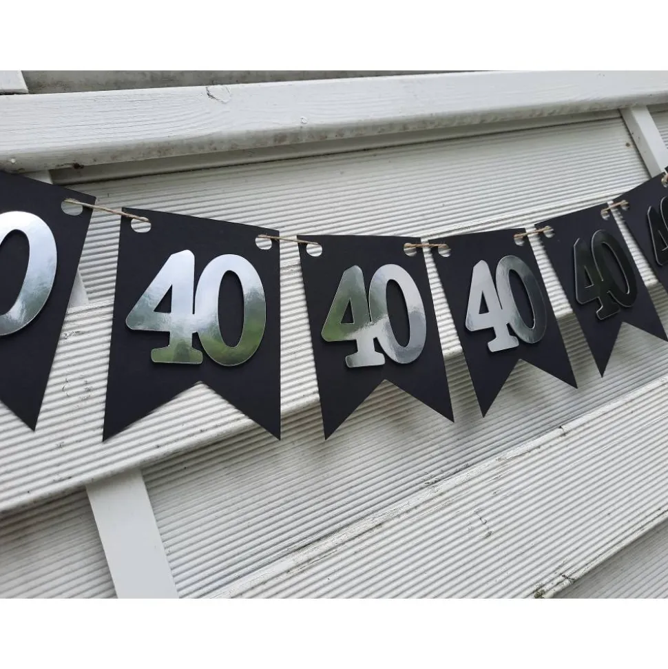 Girlande zum 40. Geburtstag in Silber und Schwarz, tolle Farben mit Spiegeleffekt! Wimpel, Wimpelkette in angesagten Tre