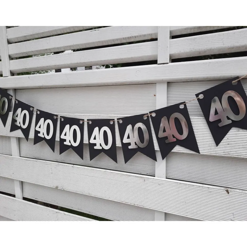 Girlande zum 40. Geburtstag in Silber und Schwarz, tolle Farben mit Spiegeleffekt! Wimpel, Wimpelkette in angesagten Tre