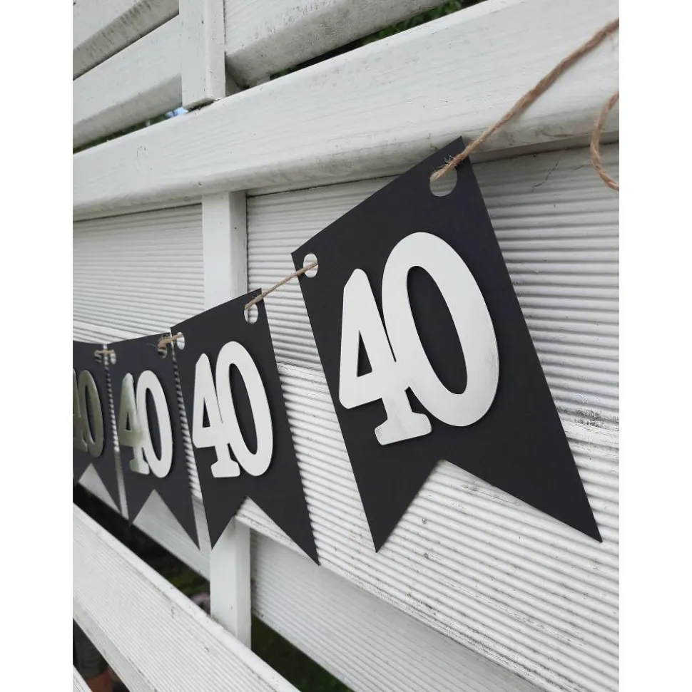 Girlande zum 40. Geburtstag in Silber und Schwarz, tolle Farben mit Spiegeleffekt! Wimpel, Wimpelkette in angesagten Tre