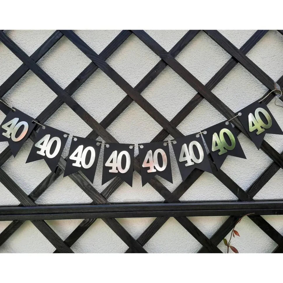 Girlande zum 40. Geburtstag in Silber und Schwarz, tolle Farben mit Spiegeleffekt! Wimpel, Wimpelkette in angesagten Tre