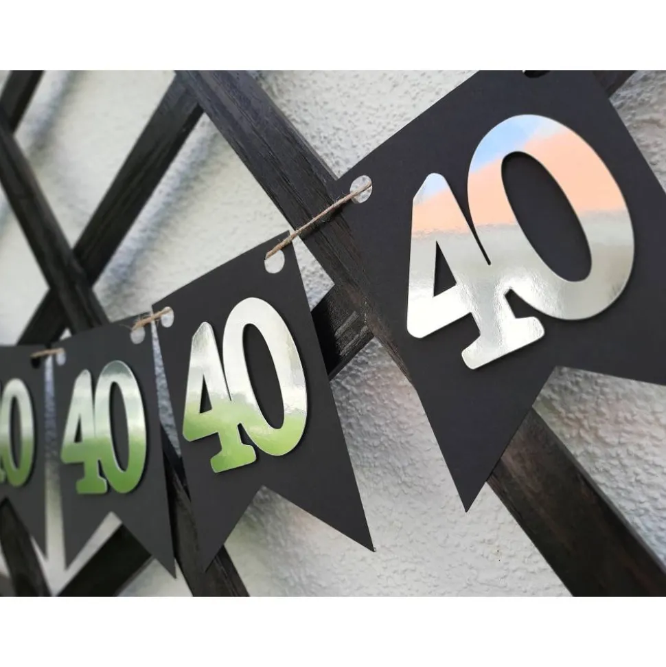 Girlande zum 40. Geburtstag in Silber und Schwarz, tolle Farben mit Spiegeleffekt! Wimpel, Wimpelkette in angesagten Tre