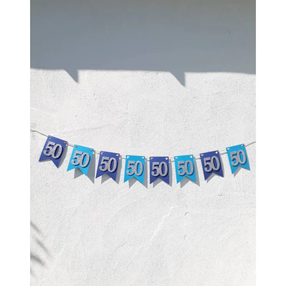 Girlande zum 50. Geburtstag in silber und blau. Handgefertigte Papierdeko, Wimpel, Wimpelkette, Glitzer Silber.