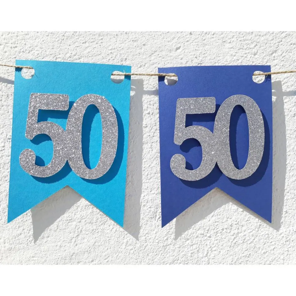 Girlande zum 50. Geburtstag in silber und blau. Handgefertigte Papierdeko, Wimpel, Wimpelkette, Glitzer Silber.