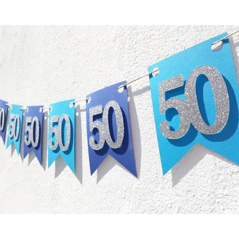 Girlande zum 50. Geburtstag in silber und blau. Handgefertigte Papierdeko, Wimpel, Wimpelkette, Glitzer Silber.
