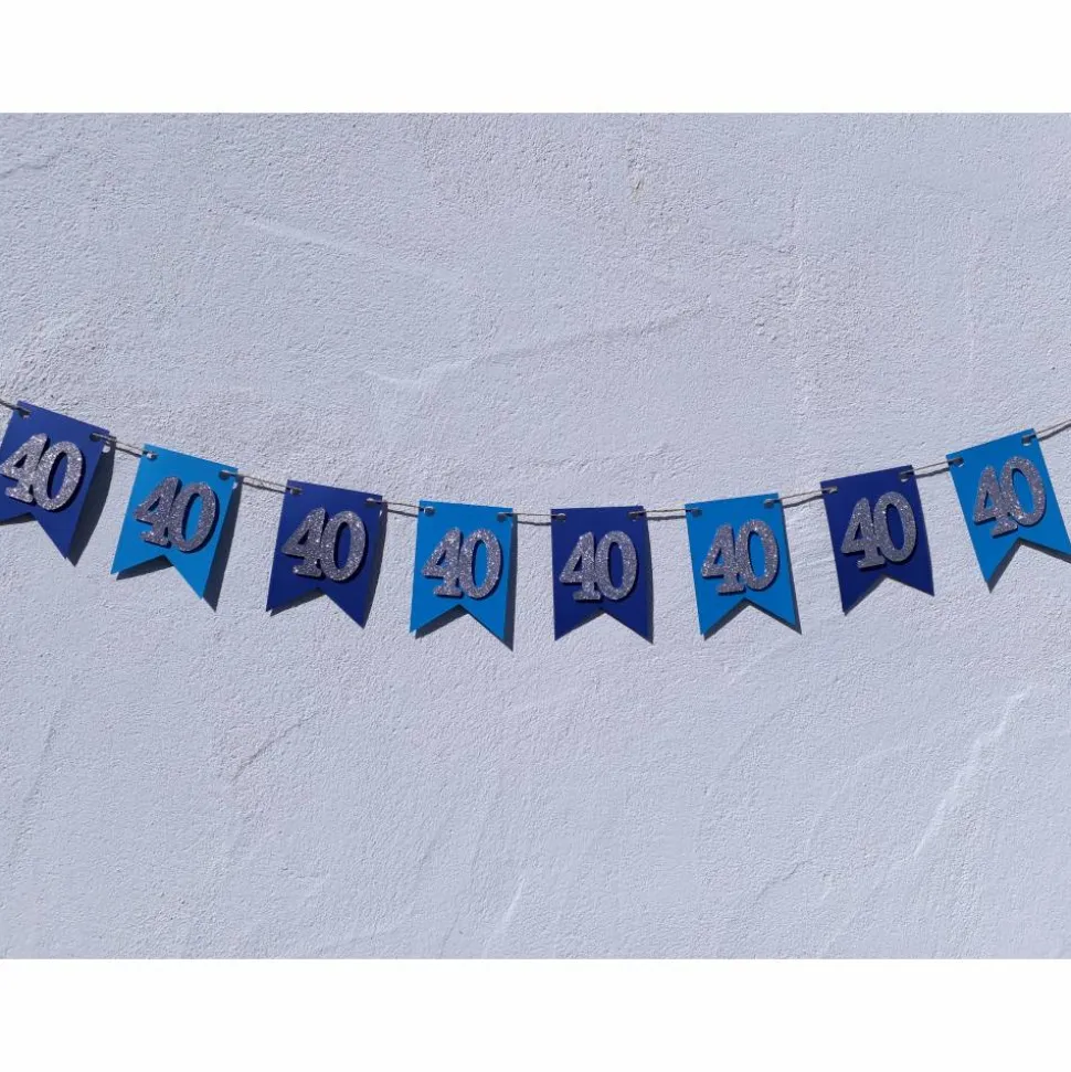 Girlande zum 40. Geburtstag in blau und dunkelblau mit silbernen Zahlen. Glitzer. Wimpel. Wimpelkette. Happy Birthday. Dekoration aus Papier.