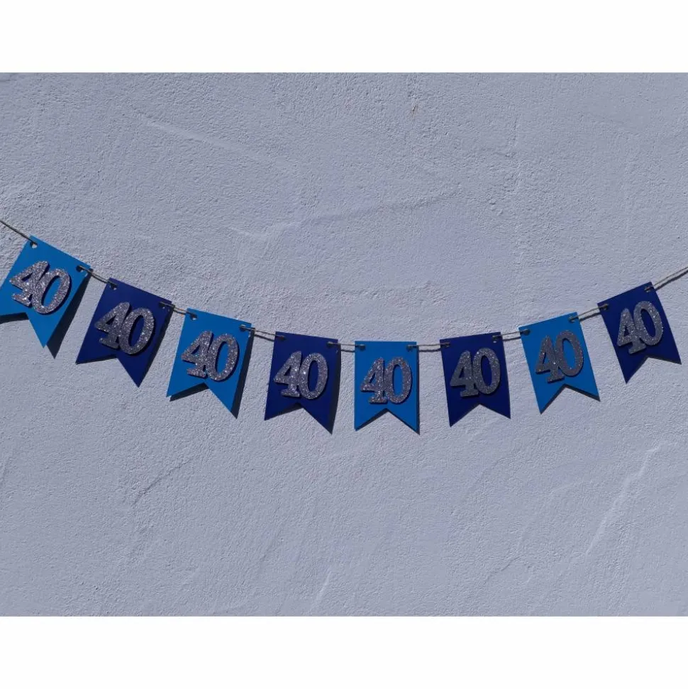 Girlande zum 40. Geburtstag in blau und dunkelblau mit silbernen Zahlen. Glitzer. Wimpel. Wimpelkette. Happy Birthday. Dekoration aus Papier.