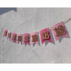 Girlande zum 18. Geburtstag Pink Rosa Gold Wimpel Endlich volljährig Wimpelkette Glitzer Gold Geburtstagsdeko