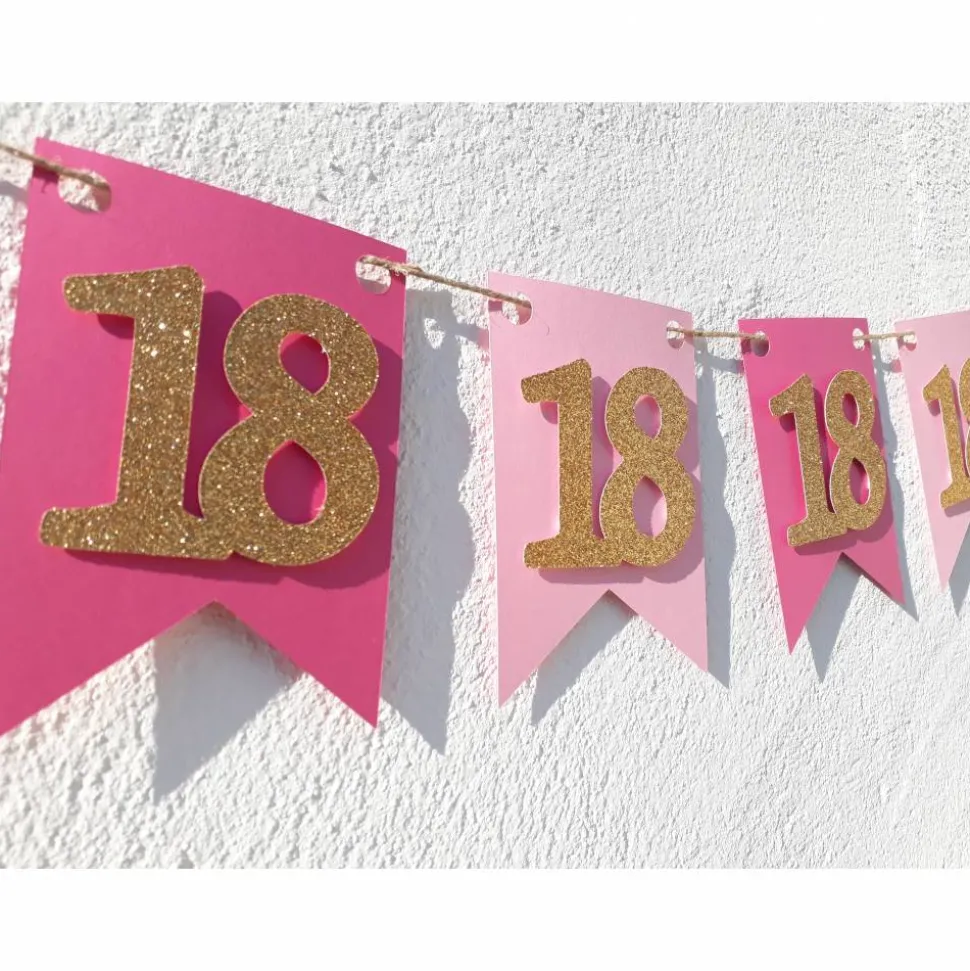 Girlande zum 18. Geburtstag Pink Rosa Gold Wimpel Endlich volljährig Wimpelkette Glitzer Gold Geburtstagsdeko