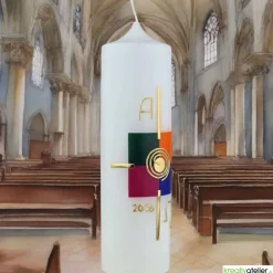 Glanz der Auferstehung – Handverzierte Osterkerze mit Kreuz, Sonne, Kachel-Motiven & Alpha/Omega