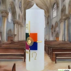 Glanz der Auferstehung – Handverzierte Osterkerze mit Kreuz, Sonne, Kachel-Motiven & Alpha/Omega
