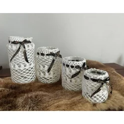 Glas Adventskranz umhäkelt und dekoriert mit Glasglocke, Teelicht Windlicht Weihnachten Edel