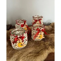 Glas Adventskranz umhäkelt und dekoriert mit Holzanhänger, Teelicht Windlicht Weihnachten Edel