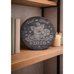 Glücksbringer 2026 Schieferplatte rund 20 cm | Viel Glück | Silvester Geschenk | Deko Neujahr