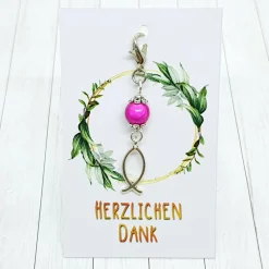 Glücksbringer Ichtys Fisch silberfarben/pink – Gastgeschenk Kommunion, Konfirmation, Firmung