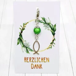 Glücksbringer Ichtys Fisch silberfarben/grün als Gastgeschenk – Kommunion, Konfirmation, Firmung