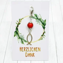 Glücksbringer Ichtys Fisch silberfarben/rot – Gastgeschenk Kommunion, Konfirmation, Firmung