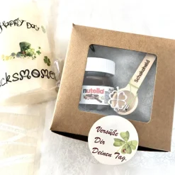 Glückspäckchen, Glücksbox, Freundschaftsgeschenk, Schokolade zum Löffeln, Holzlöffel mit Gravur,Mininutella mit Spruch
