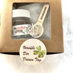Glückspäckchen, Glücksbox, Freundschaftsgeschenk, Schokolade zum Löffeln, Holzlöffel mit Gravur,Mininutella mit Spruch