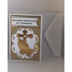 Glückwunsch Karte zur Kommunion mit abnehmbaren Schutzengel weiß/gold und Strass, Grußkarte