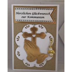 Glückwunsch Karte zur Kommunion mit abnehmbaren Schutzengel weiß/gold und Strass, Grußkarte