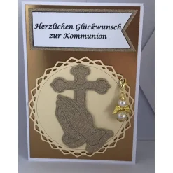 Glückwunsch Karte zur Kommunion mit abnehmbaren Schutzengel weiß/gold Grußkarte