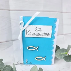 Glückwunschkarte hellblau-silber Holzfisch zur Kommunion