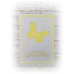Glückwunschkarte "Herzlichen Glückwunsch" mit Schmetterling, in hellem gelb, Handmade