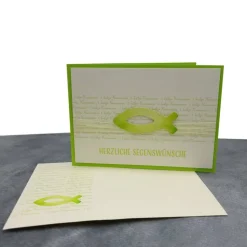 Glückwunschkarte Kommunion, Konfirmation & Firmung – Fisch Maigrün, handgemacht, mit Umschlag & Einlegeblatt