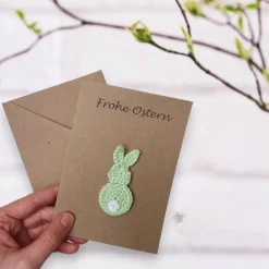 Glückwunschkarte mit Hase mit persönlichem Text - Handgemachte Osterkarte für Kinder, Karte mit Hasen Aufnäher