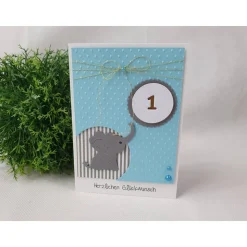 Glückwunschkarte zum 1. Geburtstag oder anderem Lebensjahr, Kindergeburtstag mit Elefant Blau-Grau-Gold