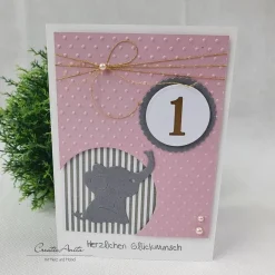 Glückwunschkarte zum 1. Geburtstag Kindergeburtstag mit Elefant Altrosa-Gold