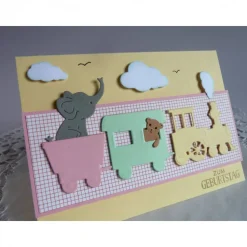 Glückwunschkarte zum Geburtstag, Geburtstagskarte mit Eisenbahn, Elefant und Teddy