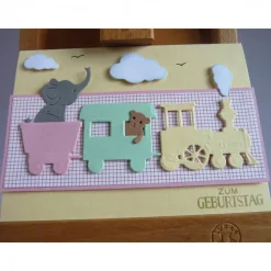 Glückwunschkarte zum Geburtstag, Geburtstagskarte mit Eisenbahn, Elefant und Teddy
