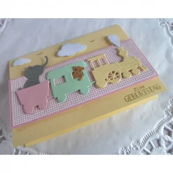 Glückwunschkarte zum Geburtstag, Geburtstagskarte mit Eisenbahn, Elefant und Teddy