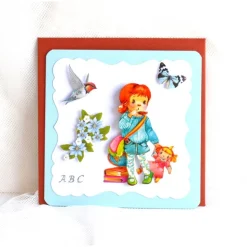 Glückwunschkarte zum Schulanfang Mädchen mit Puppe hellblau-rostrot (5)