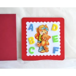 Glückwunschkarte zum Schulanfang Mädchen mit Bär rot-rot mit Filzbuchstaben A-F (4)