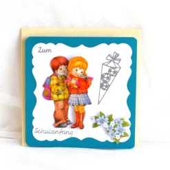Glückwunschkarte zum Schulanfang Junge und Mädchen blau-beige (2)