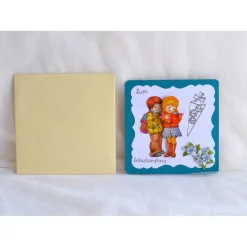 Glückwunschkarte zum Schulanfang Junge und Mädchen blau-beige (2)