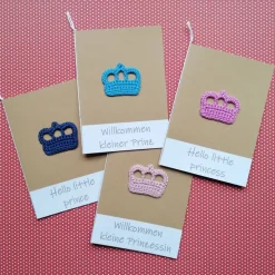 Glückwunschkarte zur Geburt Prinzessin Prinz Krönchen gehäkelt mit Wunschtext