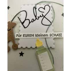 Glückwunschkarte zur Geburt/Taufe Mädchen Junge , 3D ,Bunt mit Trinkfläschchen,Giraffe, Sternen, Handarbeit 15x15 cm